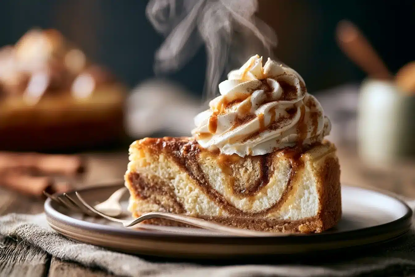 Cinnamon Roll Cheesecake 2 Cinnamon Roll Cheesecake with cinnamon swirl on top