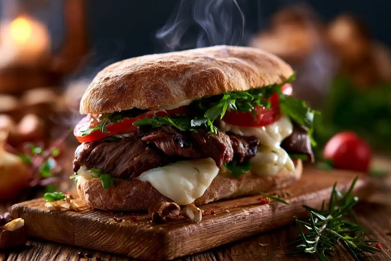 Gourmet Steak Sandwich with Melted Mozzarella 3 Gourmet Steak Sandwich with Melted Mozzarella sizzling in a pan