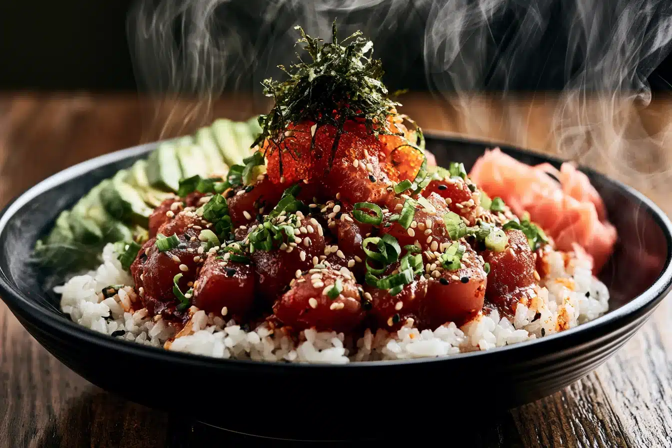 Spicy Tuna Sushi Bowl 3 Close-up of spicy tuna mixture being prepared