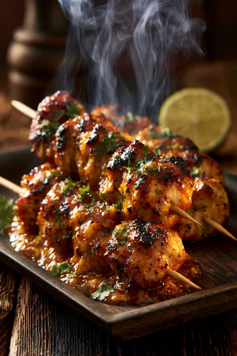 Coconut Lime Chicken Skewers 3 Grilled Coconut Lime Chicken Skewers with charred edges and fresh lime garnish