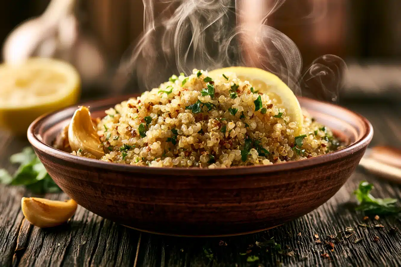 Herbed Lemon Garlic Quinoa 2 Herbed Lemon Garlic Quinoa in a white bowl with fresh herbs and lemon slices