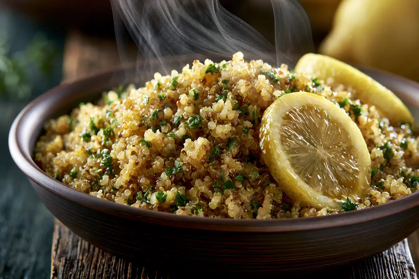 Herbed Lemon Garlic Quinoa 3 Close-up of cooking Herbed Lemon Garlic Quinoa in a pot with steam rising